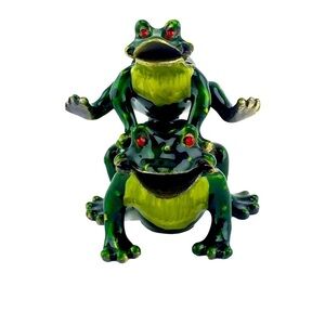 Welforth Hopping Frogs Pewter Trinket Box, Enamel with Red Crystal Eyes, 2" Tall
